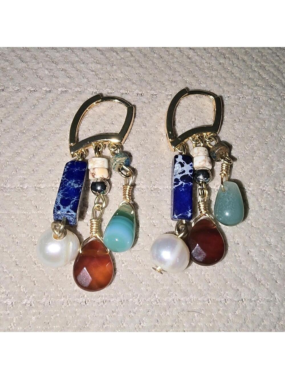 Cape Diablo Amazonite Agate Mix Drop Earrings Natural Stone Pearl Boho Gold